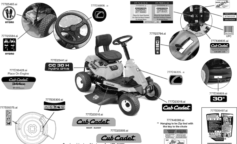Label Map Diagram and Parts List for CC30H (13AC21JD010)(2022) Cub Cadet Lawn Tractor Accessories